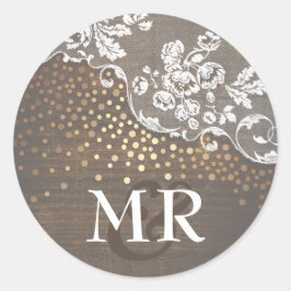 Snöre Rustic Wood Guld Confetti Barn Bröllop Runt Klistermärke