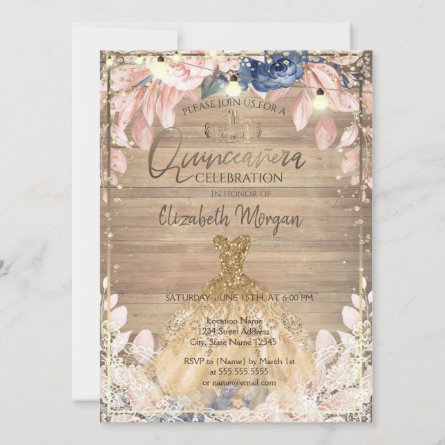 Snöre,Tiara,Ljus,Dress Wood Flowers Quinceañera Inbjudningar (Framsida)