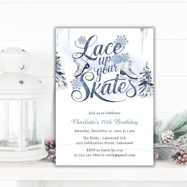 Snöre Uppåt dina hud Vinterisen Skal födelsedag Inbjudningar (Lace Up Your Skates Winter Ice Skating Birthday Invitation)