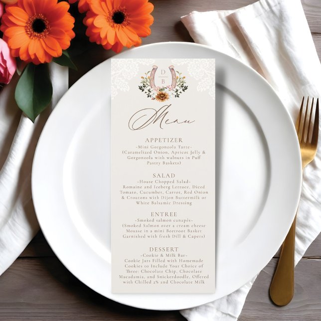 Snöre Western Horseshoe Monogram, vattenfärgad Blo Meny (Watercolor Floral Lace Western Horseshoe Monogram Menu)