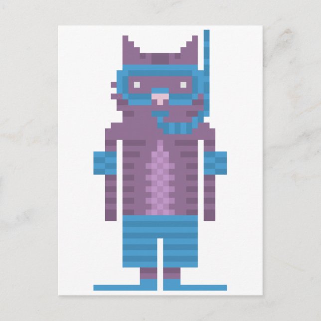 Snorkel Swimmer Cat Pixel Art Postkort Vykort (Framsida)