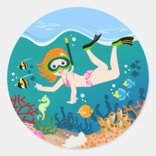 Snorkeling flicka under havet runt klistermärke