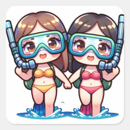 Snorkeling Girls Fyrkantigt Klistermärke