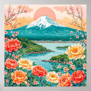 ❄️ Snötäckt Berg Lugnt Sjö Blomma Poster