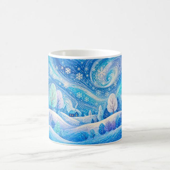 Snötäckt bergsskog med drivande snö kaffemugg (Center)