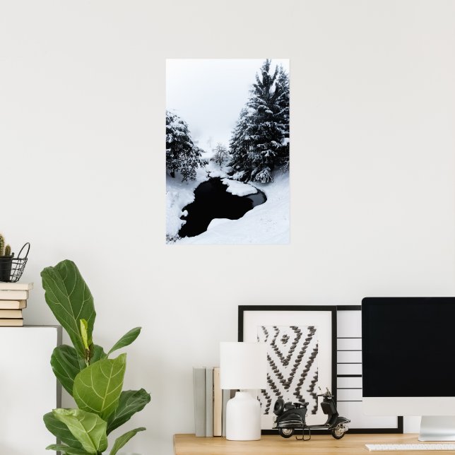 Snötäckt damm och träd försvinner i dimma poster (Hemmakontoret)