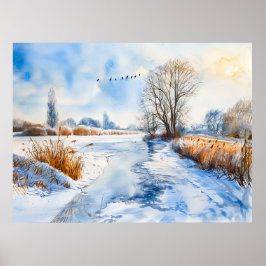 Snötäckt flodbank på vintern Havelland Akvarell Poster