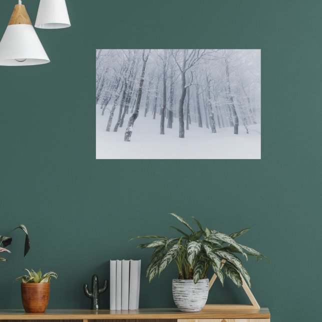 Snötäckt frusen skog på vintern poster (Vardagsrum 1)