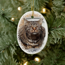 Snötäckt katt på julkeramisk prydnad