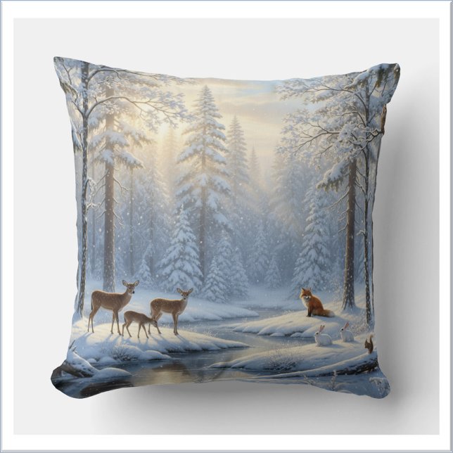 Snötäckt skog med skogslevande djur kudde (Skapare uppladdad)