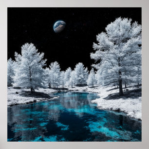 Snötäckt skog och lugn sjö under himlen poster