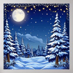 Snötäckt skogslandskap under en månljust natt poster