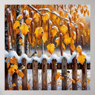 Snötäckt staket för mysig hemdekor & present ❄️🐦 poster