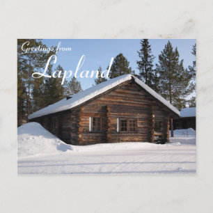 Snötäckt stuga i Lappland textkort Vykort