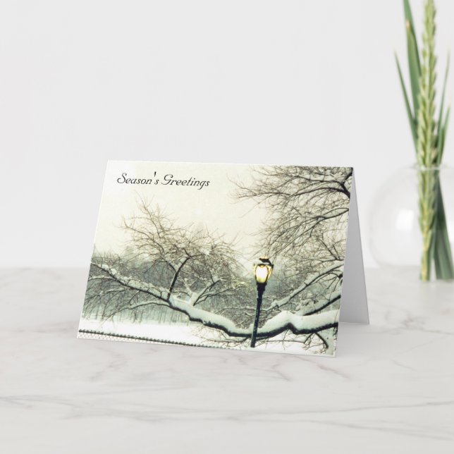 snötäckt trädhälsning helgkort (Framsida)