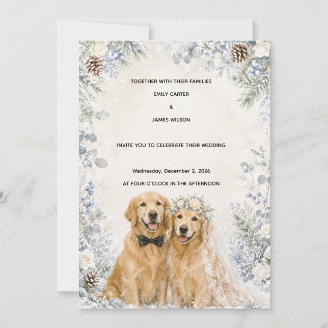 Snötäckt Vinter Golden Retriever Bröllopsinbjudan Inbjudningar (Framsida)