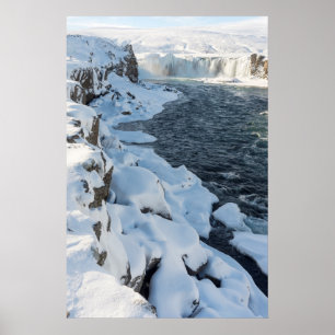 Snötäckta Godafoss vattenfallet Poster