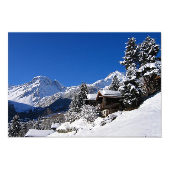 Snötäckta stugor i Schweiz Fototryck (Framsidan)