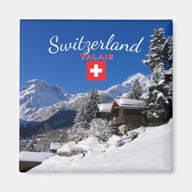 Snötäckta stugor i Schweiz Magnet (Framsidan)