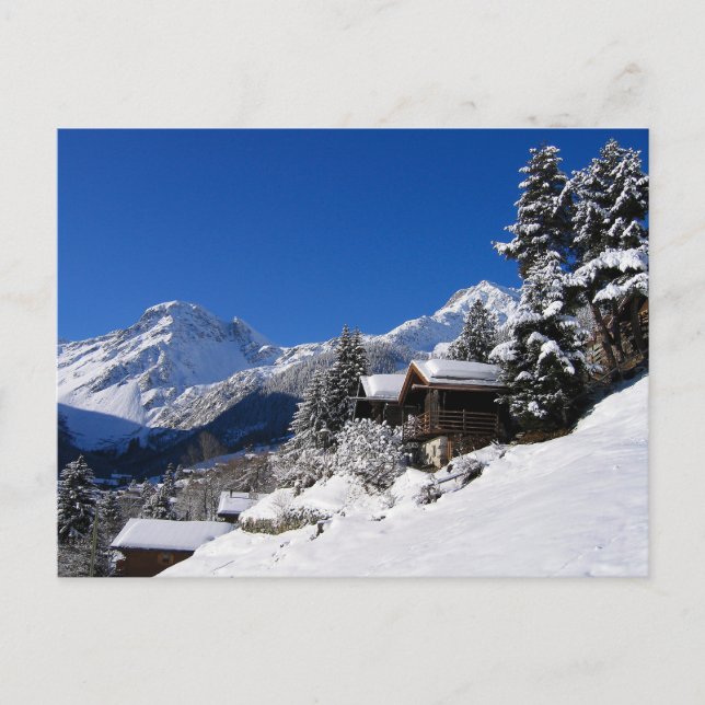 Snötäckta stugor i Schweiz Vykort (Framsida)