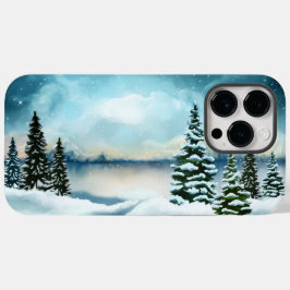 Snötäckta tallar nära en sjö