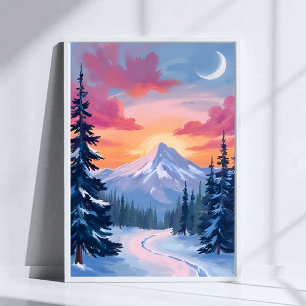 Snötopp Solnedgång   Vinterlandskapsmålning Poster