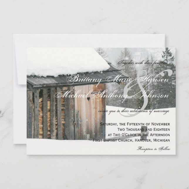 Snöträd med inbjudningar för hjärtavinterbröllop (Framsida)