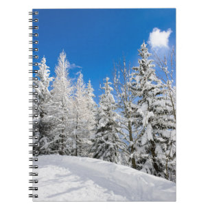 Snöträd under en klar blå himmelanteckningsbok anteckningsbok med spiral