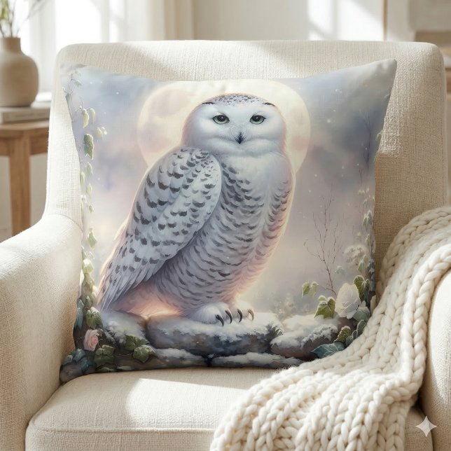 Snöuggla i månbelyst vinterträdgård kudde (Snowy Owl in Moonlit Winter Garden Throw Pillow Mockup A)