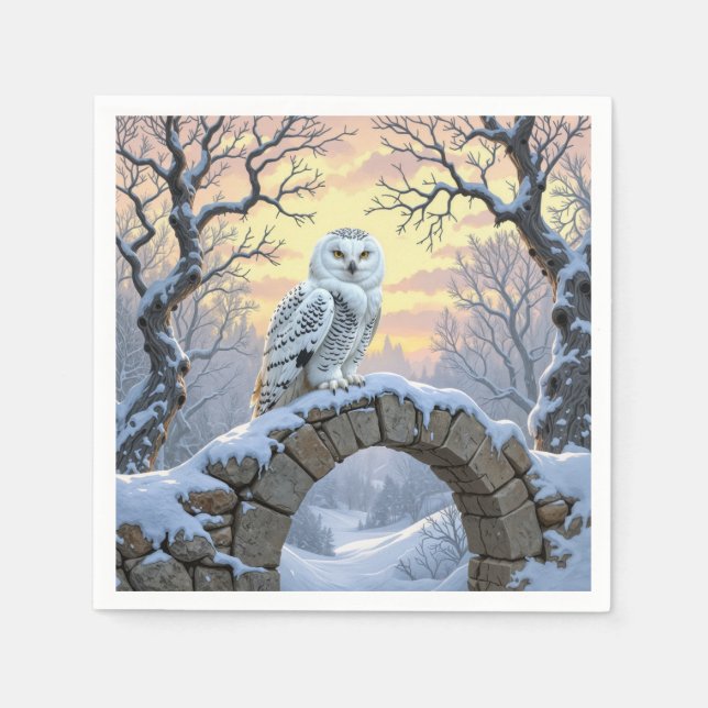 Snöuggla på en stentunnvalv pappersservett (Framsidan)