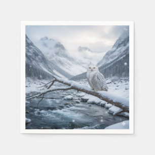 Snöuggla på en vintergrensgren pappersservett