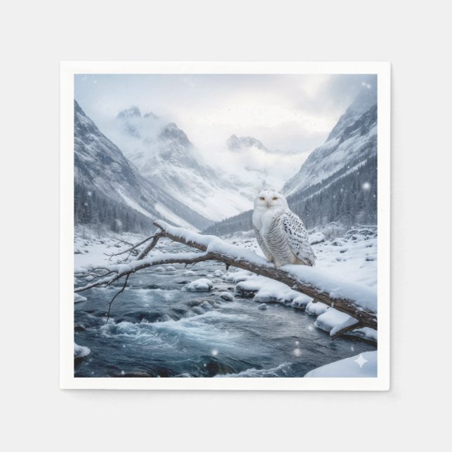 Snöuggla på en vintergrensgren pappersservett (Framsidan)