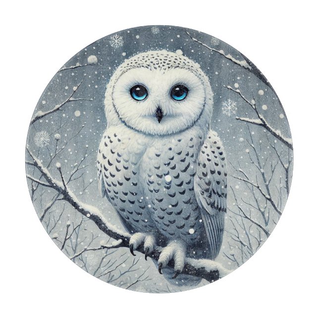 Snöuggla sittande på snötäckt gren (Framsidan)