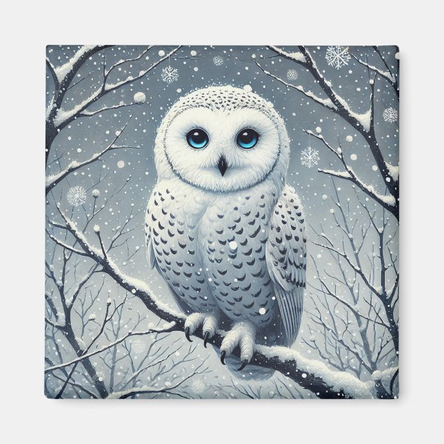 Snöuggla sittande på snötäckt gren magnet (Framsidan)