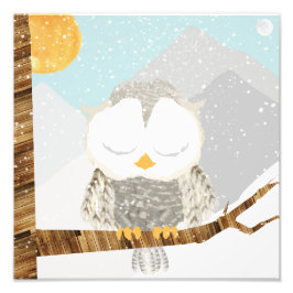 Snöuggla som sover i ett träd fototryck