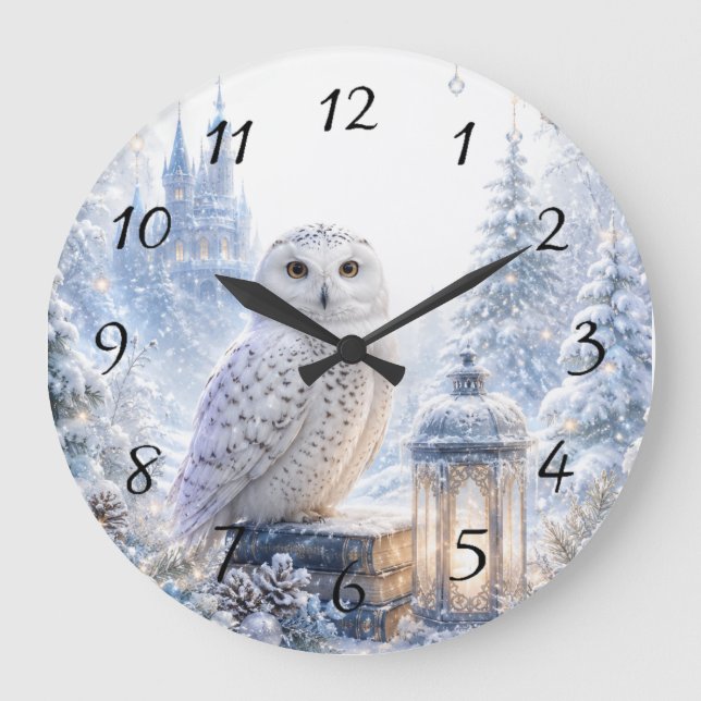 Snöuggla Vintermagi Stor Klocka (Framsida)