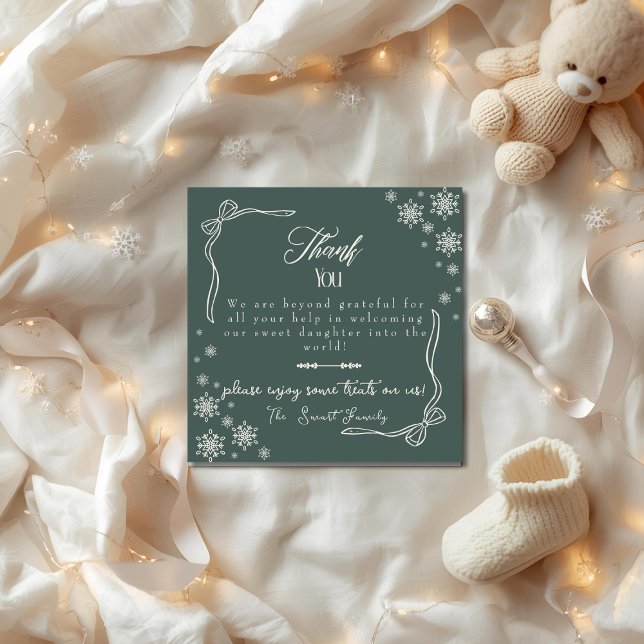 Snow Bow grön baby Förlossning NICU Sjukhus Tack Kort (Snow Bow green baby Labor Delivery NICU Hospital Thank You Card)