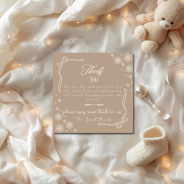 Snow Bow Taupe baby Labor  Delivery NICU Hospital  Tack Kort (Snow Bow Taupe baby Labor Delivery NICU Hospital Thank You Card)