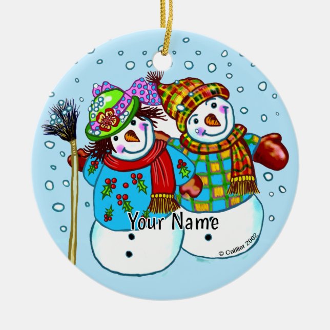Snow Couple Snowman Julgransprydnad Keramik (Framsidan)