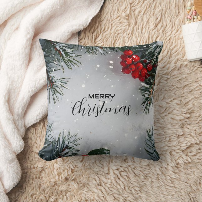 Snow-Covered Pine, Holly Berries, Non Photo Kudde (Filt)