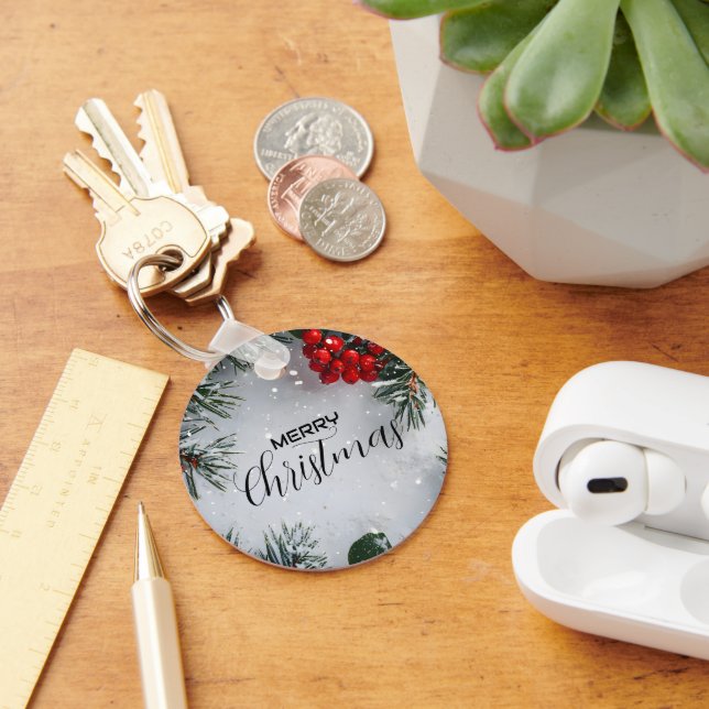 Snow-Covered Pine, Holly Berries, Non Photo Nyckelring (Skrivbord)