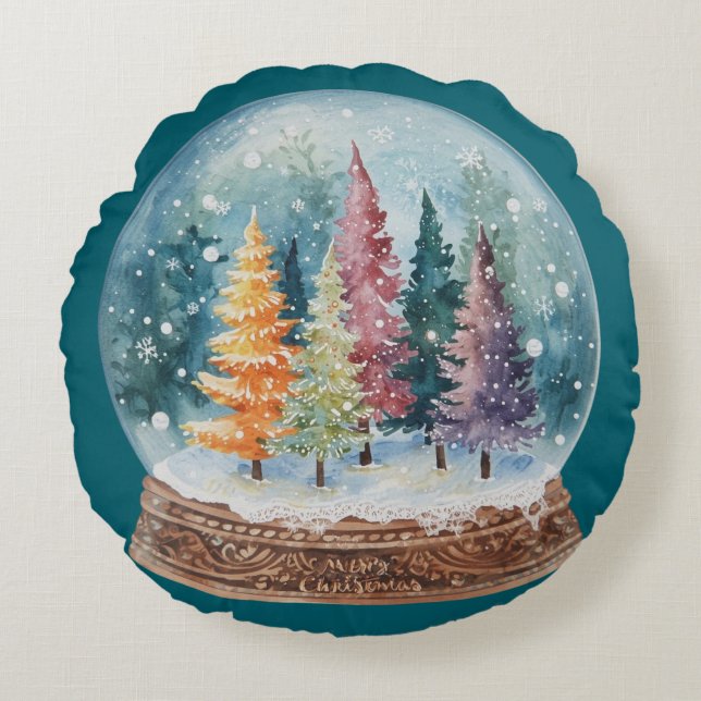 Snow Globe Colorful Christmas Tree Forest Rund Kudde (Framsidan)