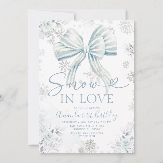 Snow In Love Blue Bow Silver Snowflake Birthday Inbjudningar (Framsida)