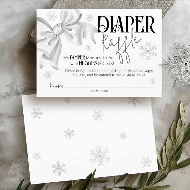 Snow In Love Bow Winter Baby Shower Diaper Raffle Tilläggskort (Winter wonderland black and white coquette bow snow in love snowflake baby shower diaper raffle card)