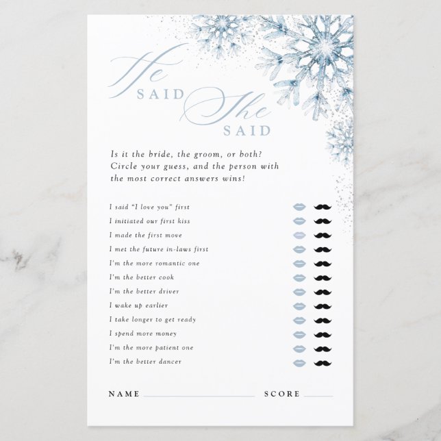 Snow in Love He Said She Said Bridal Shower Game (Framsida)