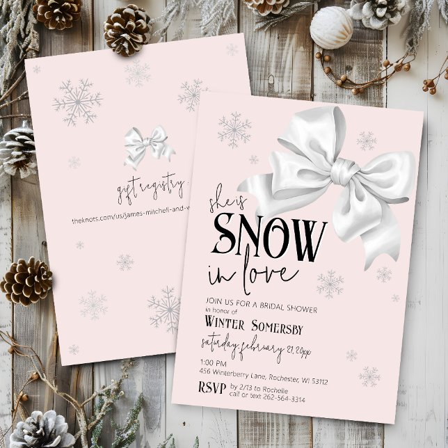 Snow In Love Modern Bow Pink Winter Bridal Shower Inbjudningar (Simple elegant minimal Snow In Love watercolor white bow snowflakes pink bridal shower invitation)