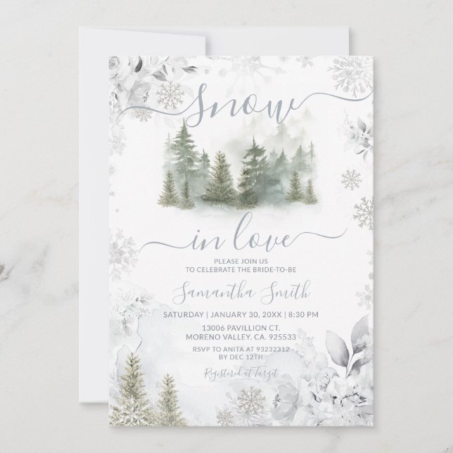 Snow In Love Silver Winter Pine Tree Bridal Shower Inbjudningar (Framsida)
