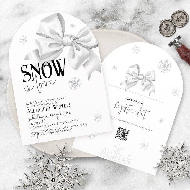 Snow In Love White Bow Baby Shower Winter Arch QR Inbjudningar (Arch black and white elegant baby girl or boy winter snowflake white bow QR code Snow in love shower)
