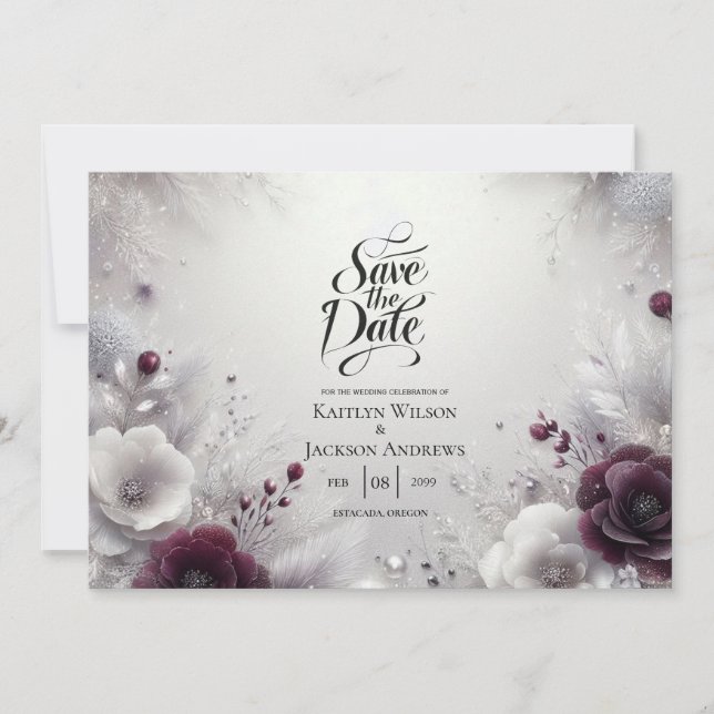Snow-Kissed Plum and Ivory Floral Save the Date Spara Datumet (Framsida)