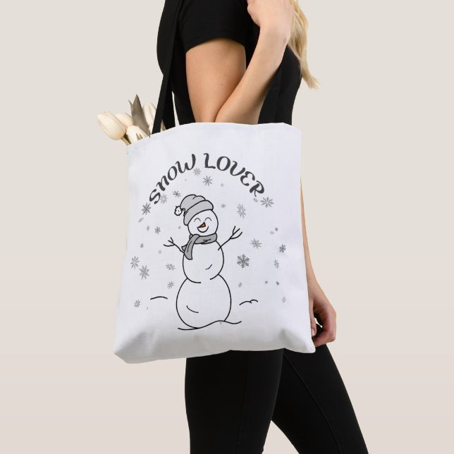 SNOW LOVER Text Cute Snowman Snowflakes Fun White  Tygkasse (Närbild)
